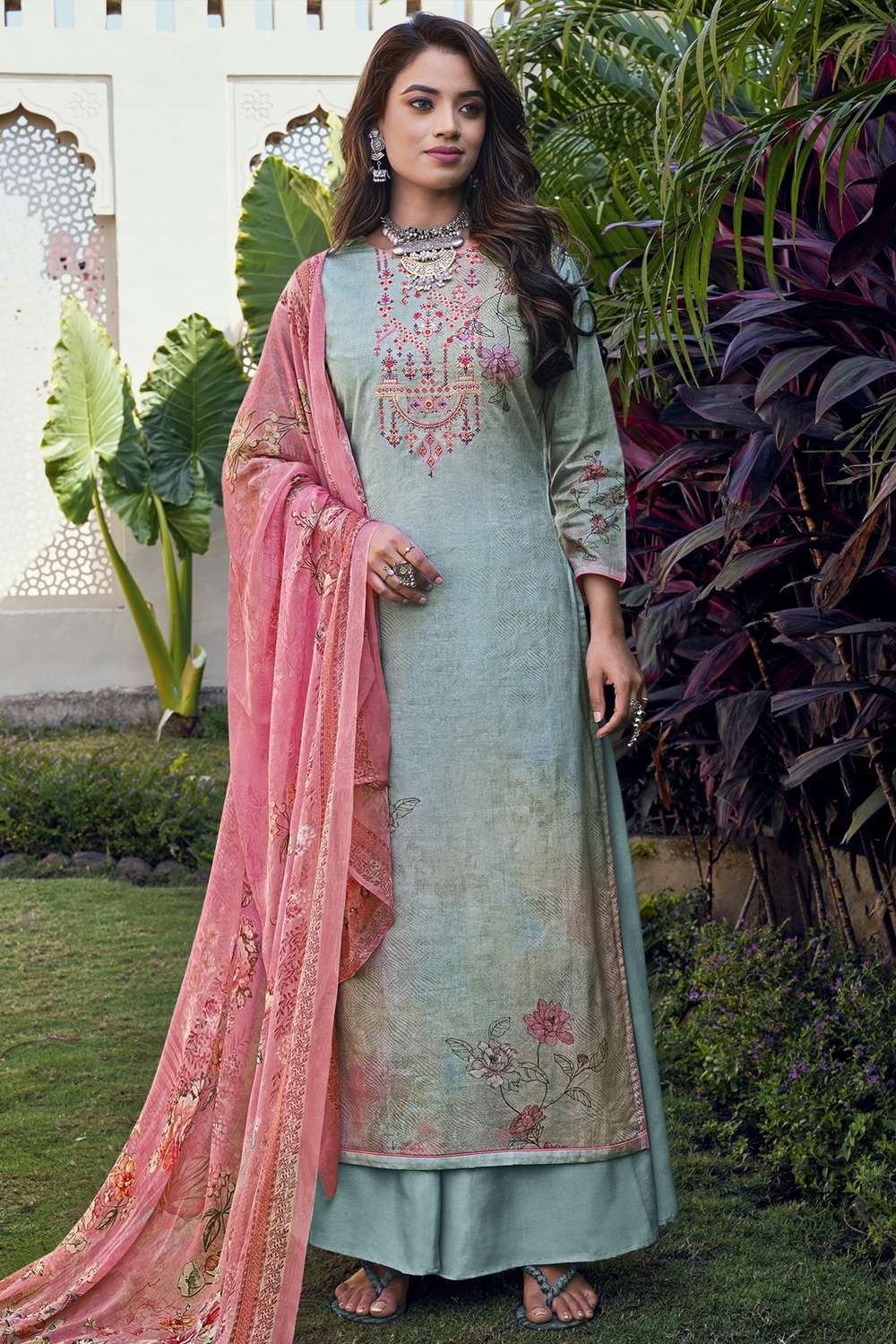 Cotton Palazzo Suit in Turquoise with Digital print UK - PZU2955