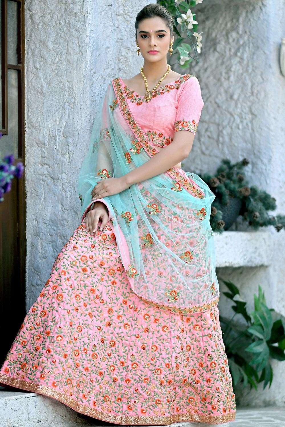 Baby pink and sky sales blue lehenga