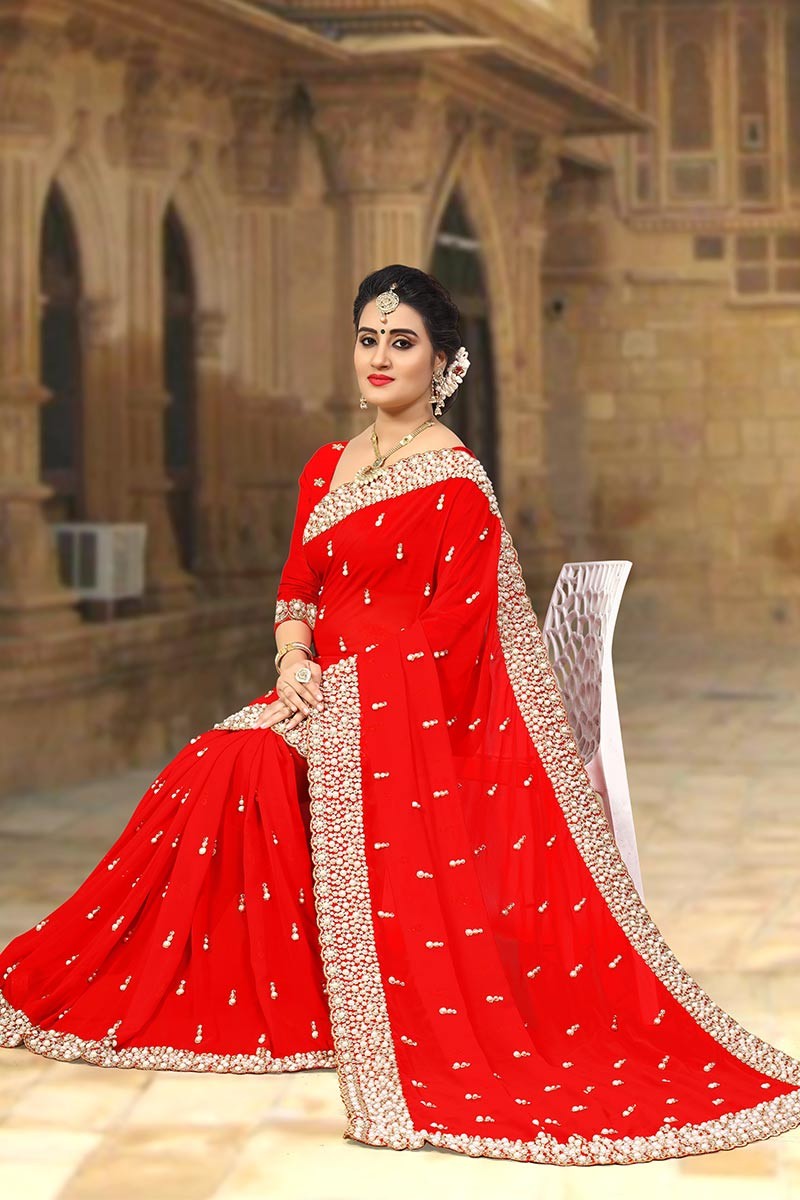 Net Saree with blouse in Red colour 1323