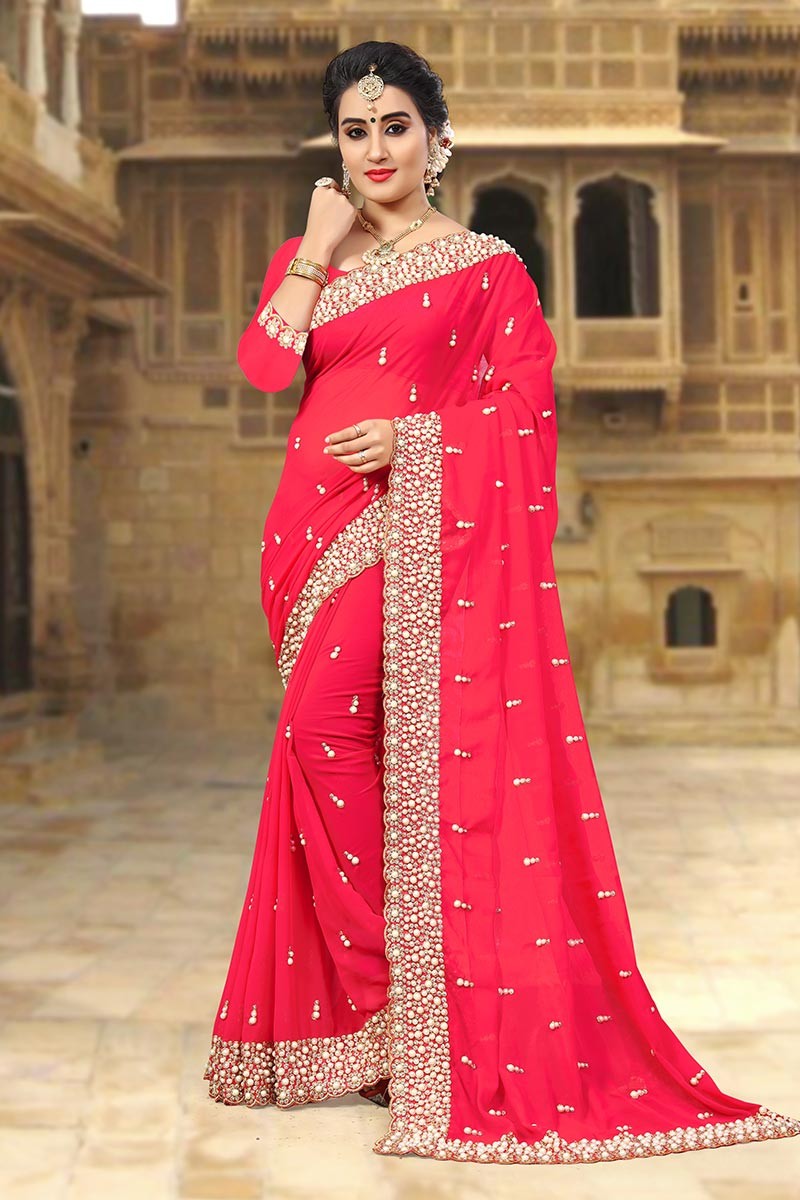 Elegant Crimson: Zari Satin Red Saree | Red saree, Ready to wear saree,  Saree