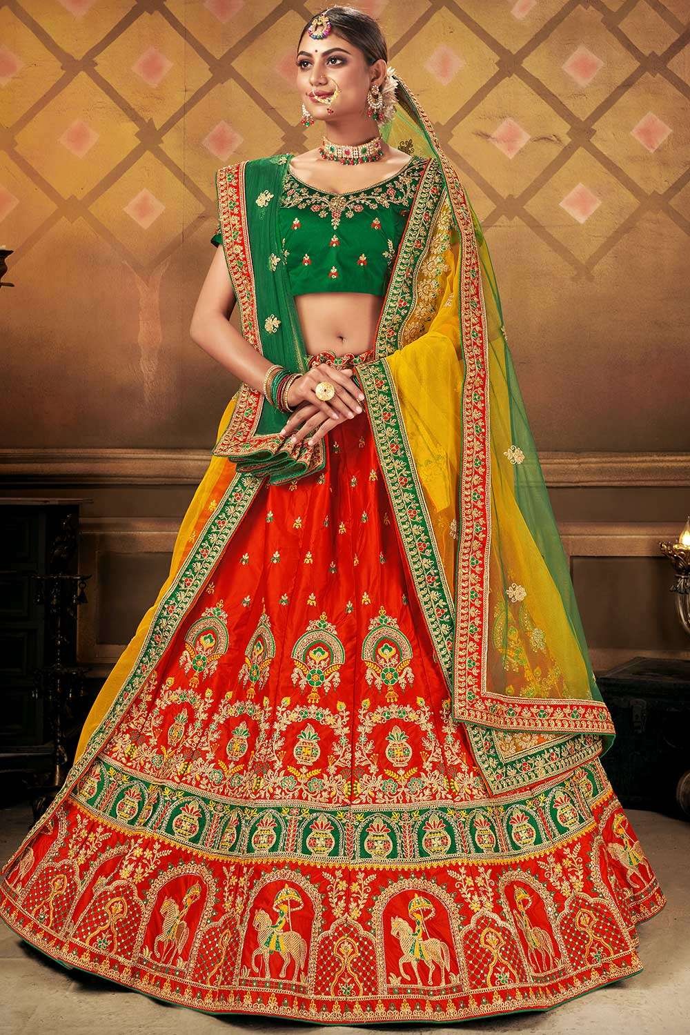 Green and Red Embroidered Lehenga - Glitter Choli - East Boutique