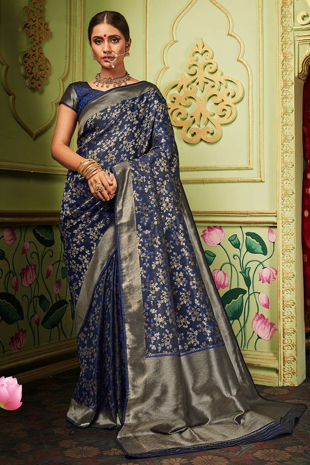 Sea Blue/Navy Blue Chiffon Banarasi Saree - TheSareeStory