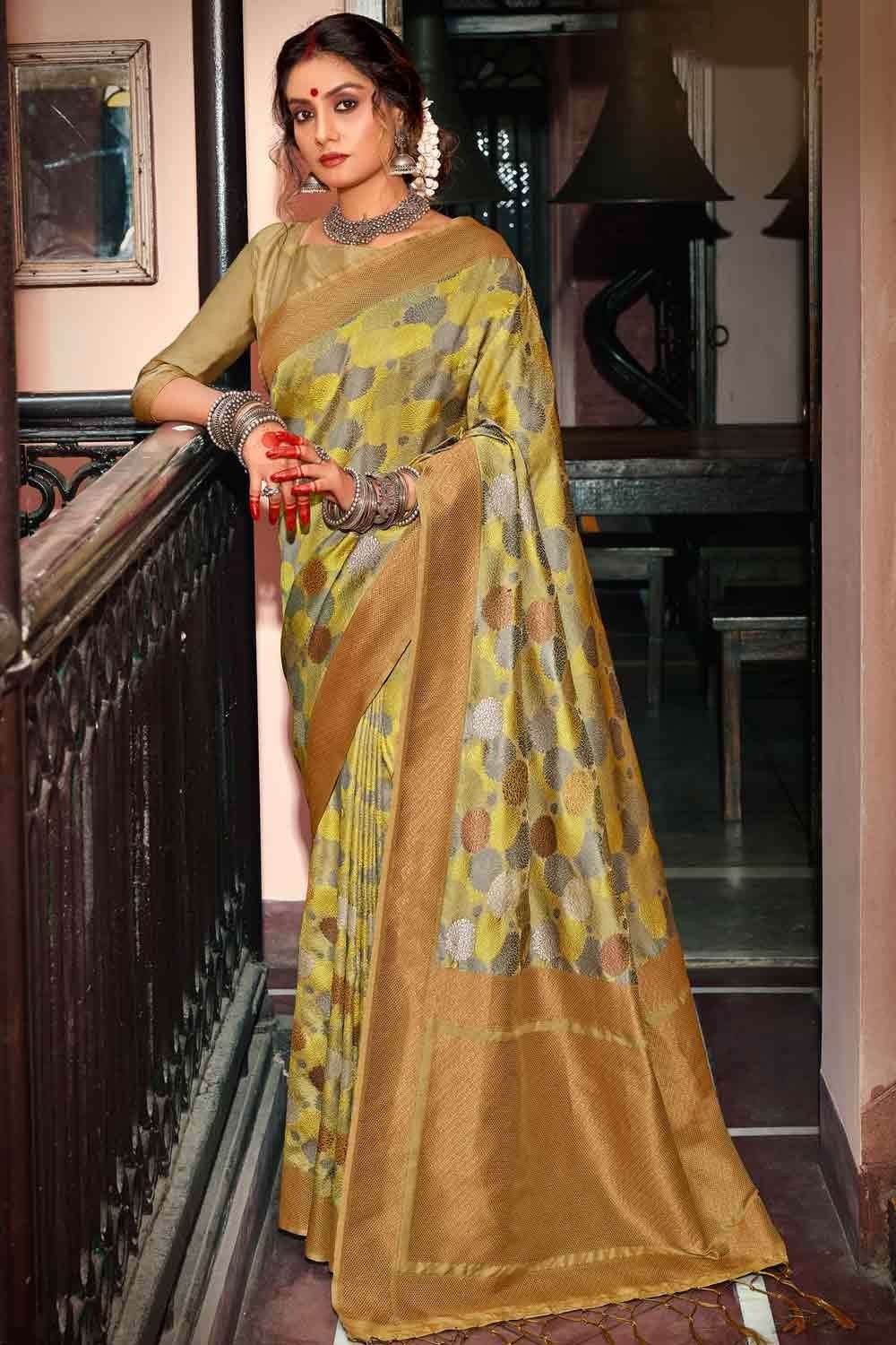 Maharani's Pure Banarasi Paithani Silk Saree - Yellow (with stitched P –  Maharani Collections