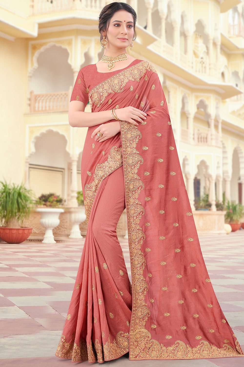 Party Wear Sarees With Designer redy Blouses & border – peach colour – Vpnam