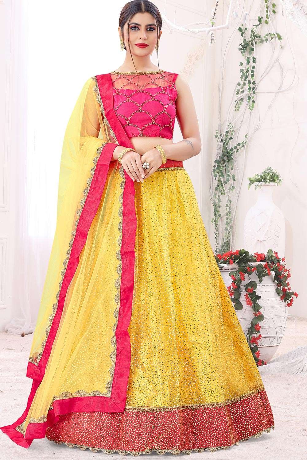 Amrutam Fab Yellow & Pink Embroidered Thread Work Semi-Stitched Lehenga &  Unstitched Blouse With Dupatta - Absolutely Desi