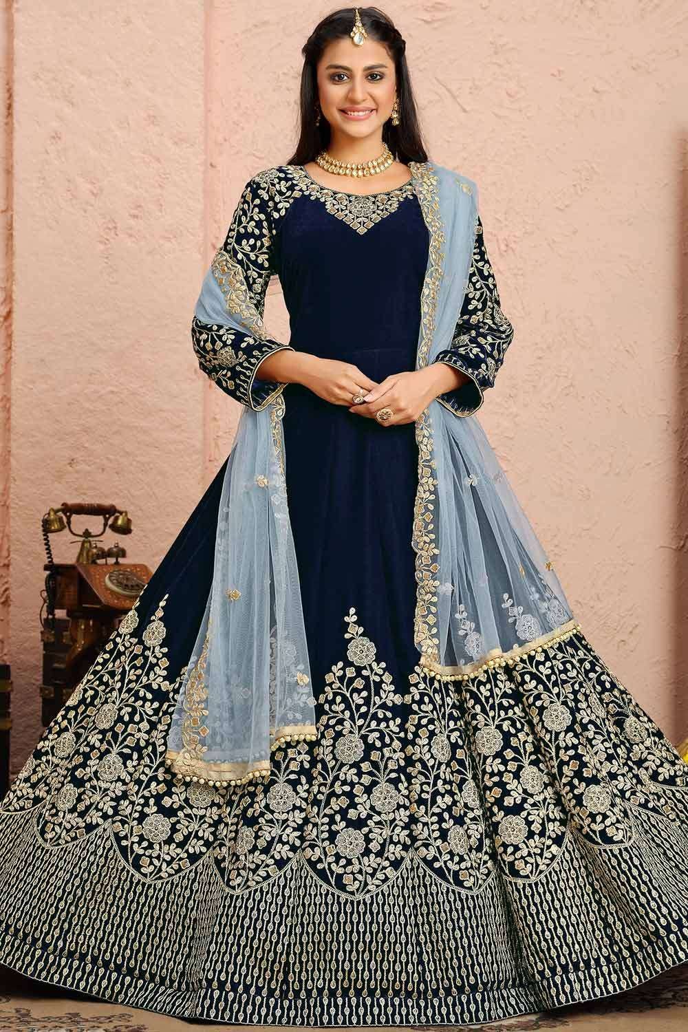Buy Indian Long Anarkali - Georgette Navy Blue Embroidered Anarkali –  Empress Clothing