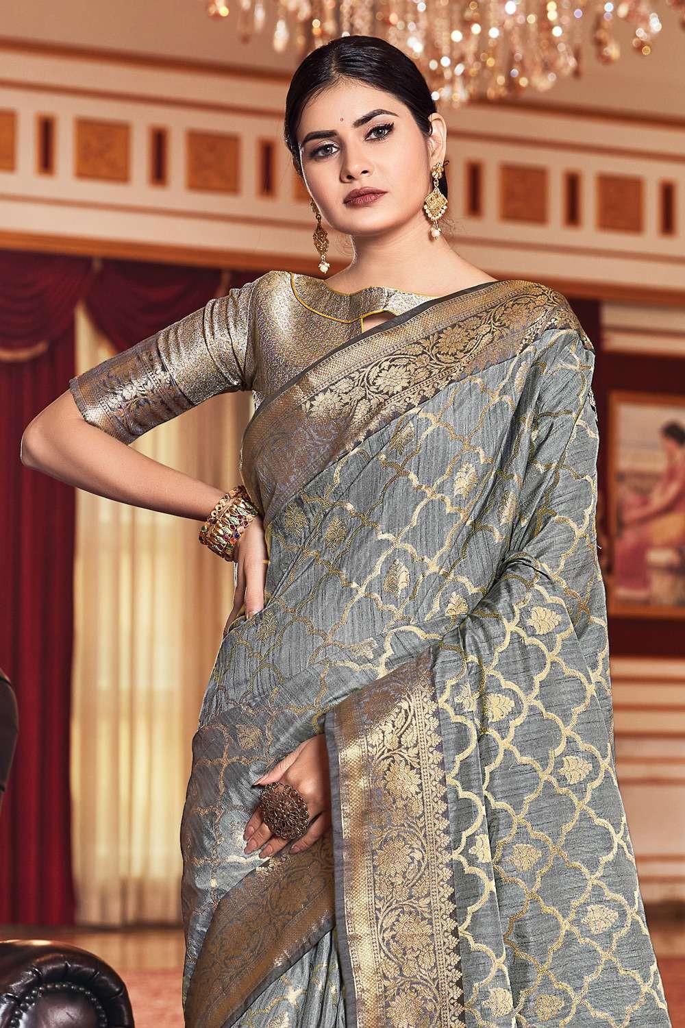Saree in Grey Silk Weaving - SR23597