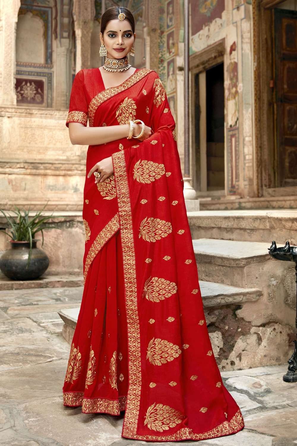 Bright Red Faux Georgette Stone Work Saree ZP3304