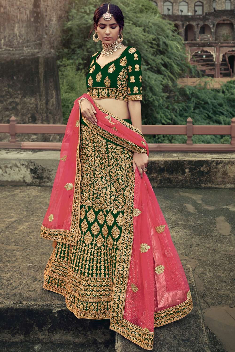 Dark Green Zari Embroidered Soft Net Lehenga Choli For Bridal – tapee.in