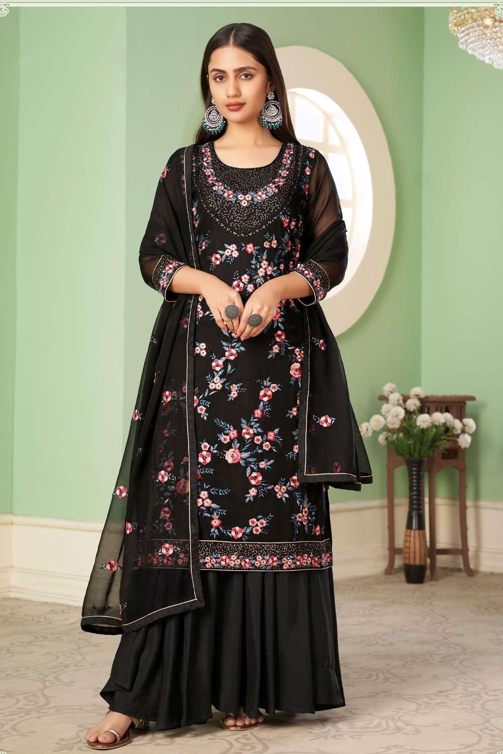 Faux Georgette Embroidery Pakistani Suit In Black Colour - SM5415042