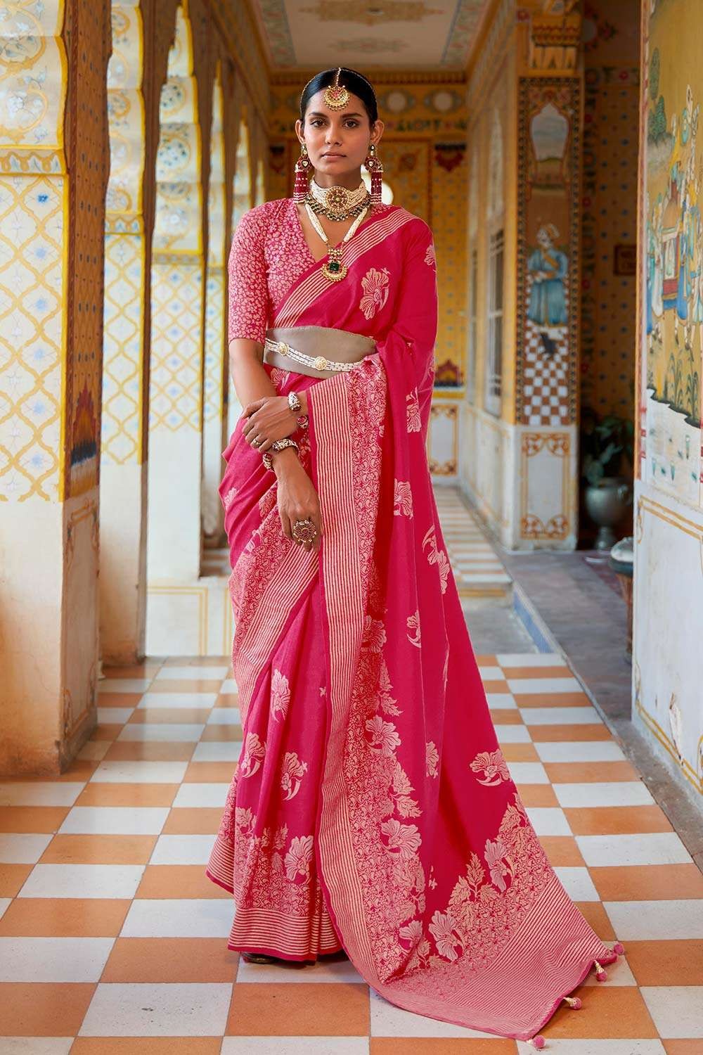 Geroo Jaipur Pink-Blue Organza Zari Embellished Hand Dyed Leheriya Saree -  Geroo Jaipur - 4177051