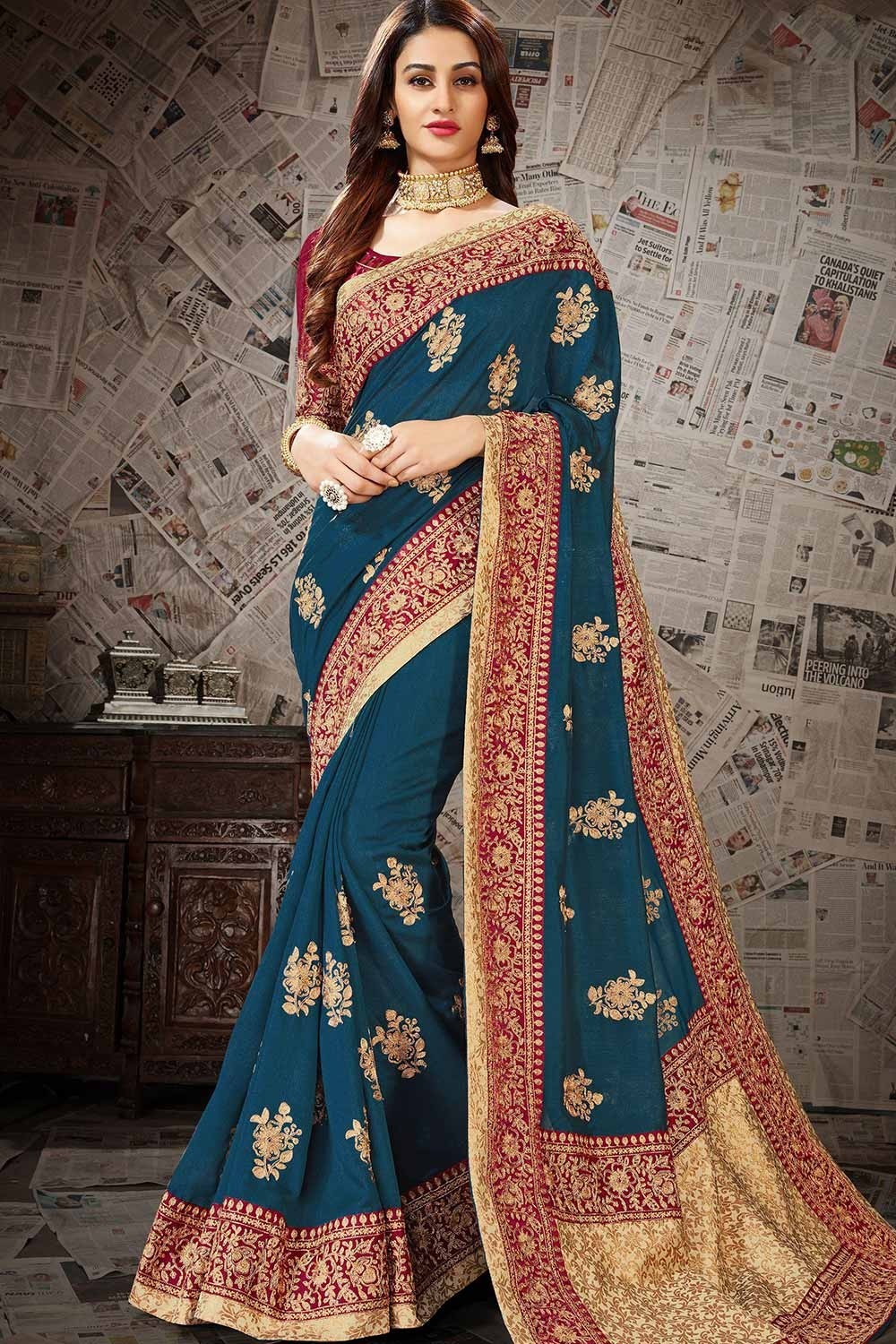 Blue Saree in Plain Chiffon