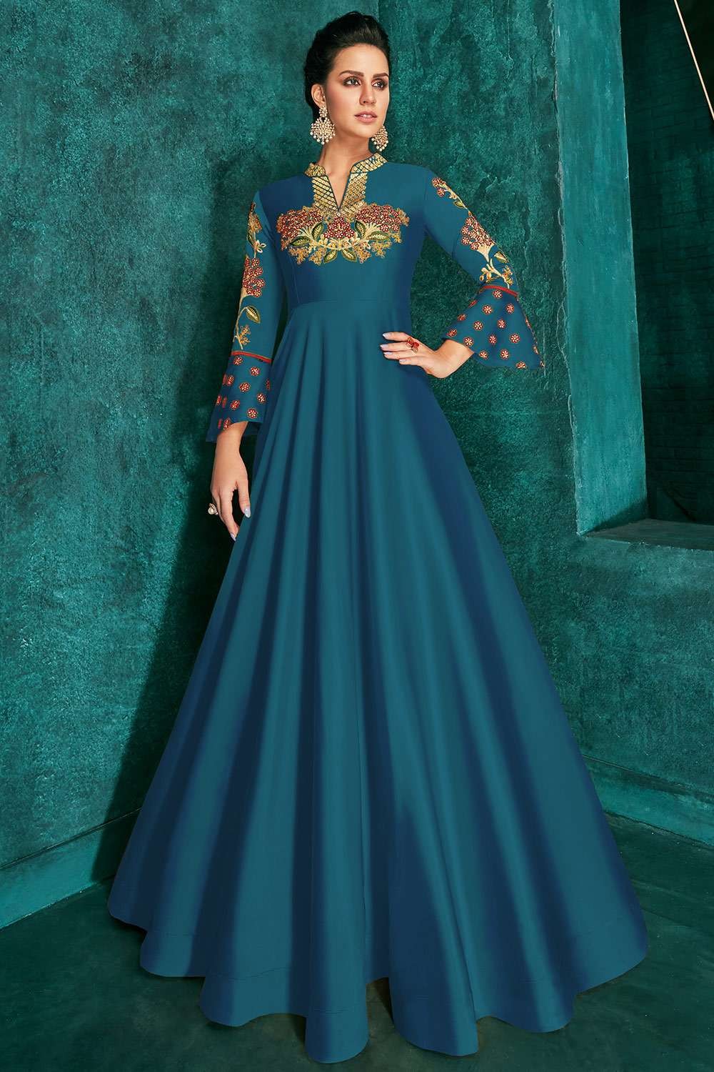 Fashion Mart Indo Western Party Wear Plain Silk Blue Gown For