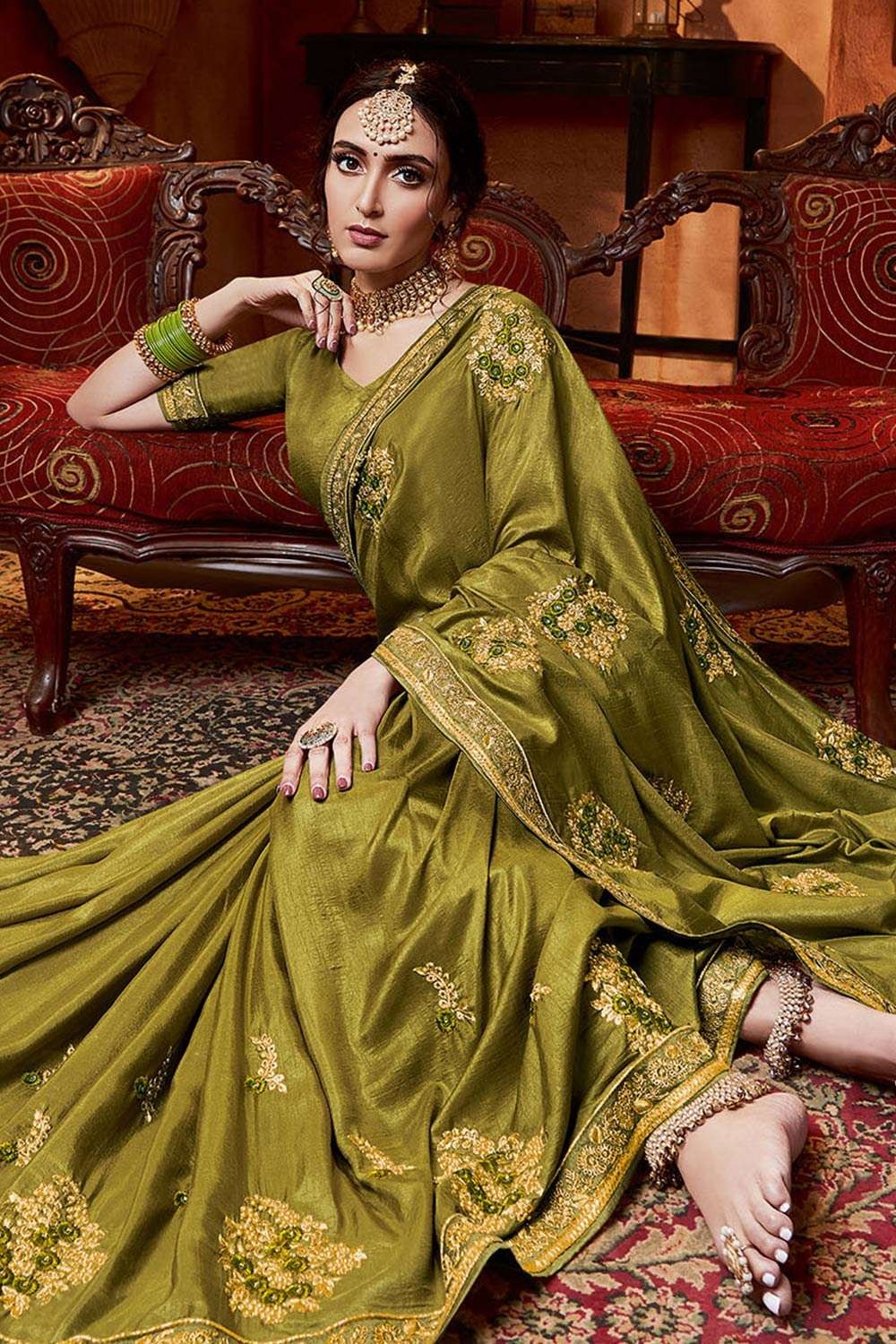 Silk Olive Green Saree in Embroidered UK - sr15000