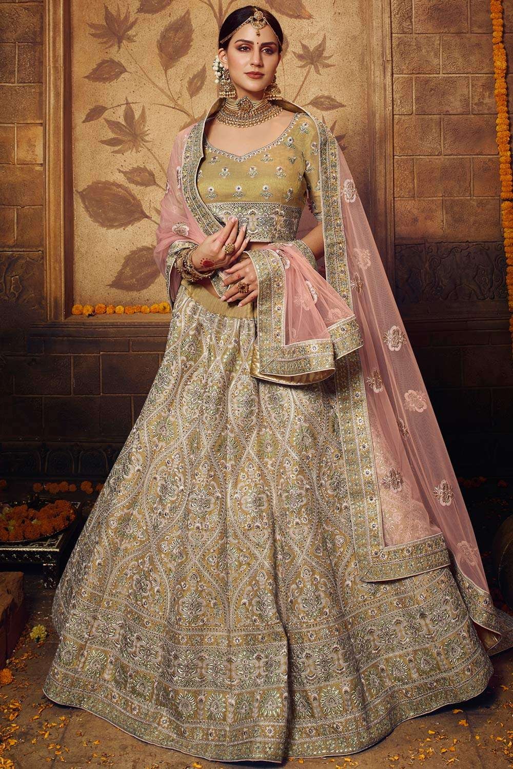 Wedding Wear Embroidery Olive Green Organza Silk Ladies Lehenga Set at Rs  11999 in Surat