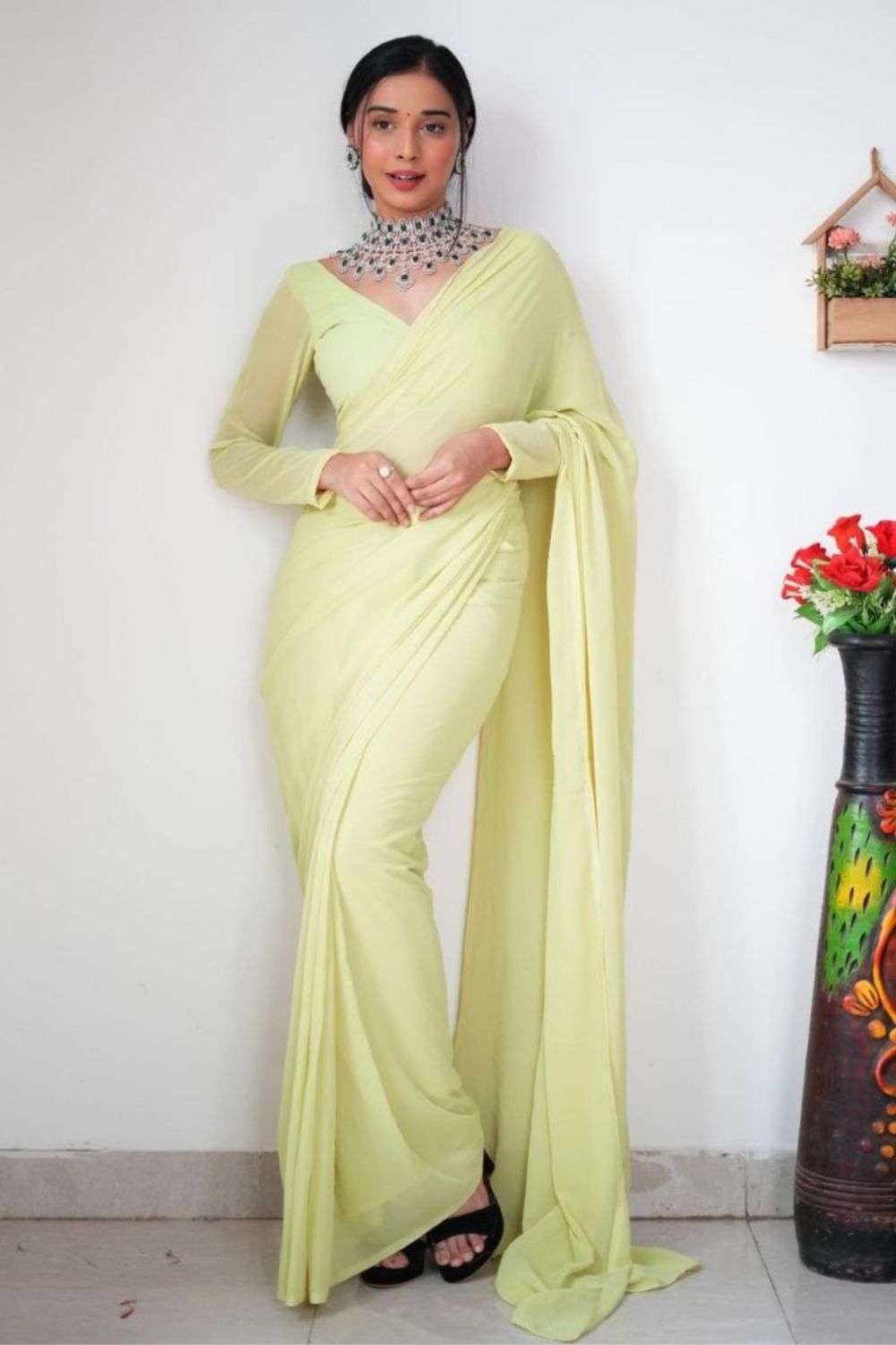 Lemon Yellow Georgette Saree