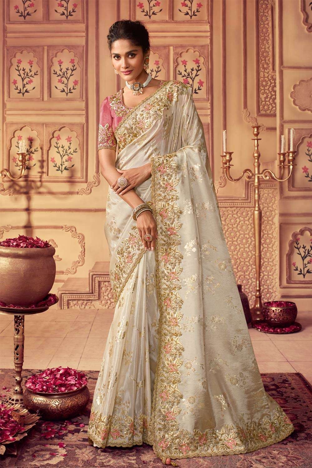 Designer Resham Zari Stone Border White Indian Bollywood Net Party Wear  Saree | eBay