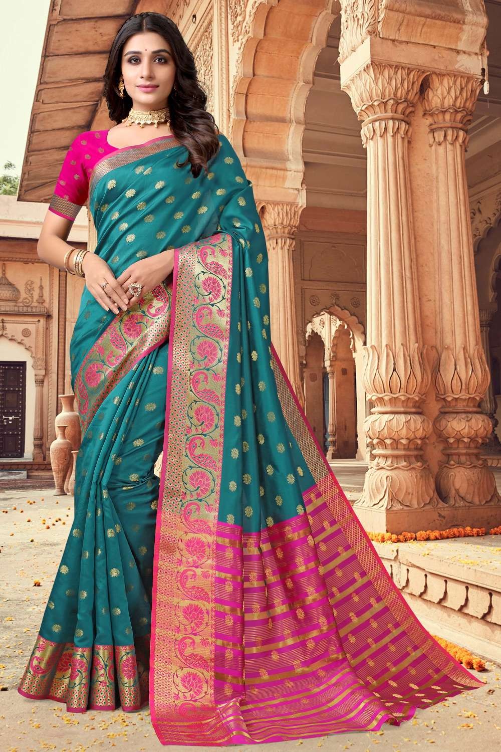 Bottle Green And Pink Combination Saree