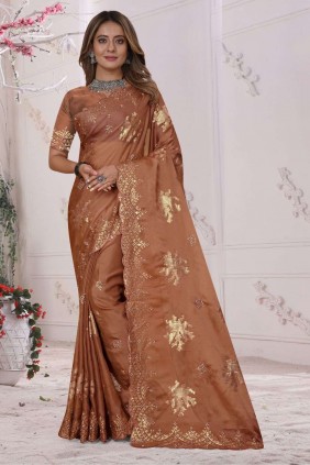 Brown Thread,embroidered Lycra Party Wear Saree - SR23306