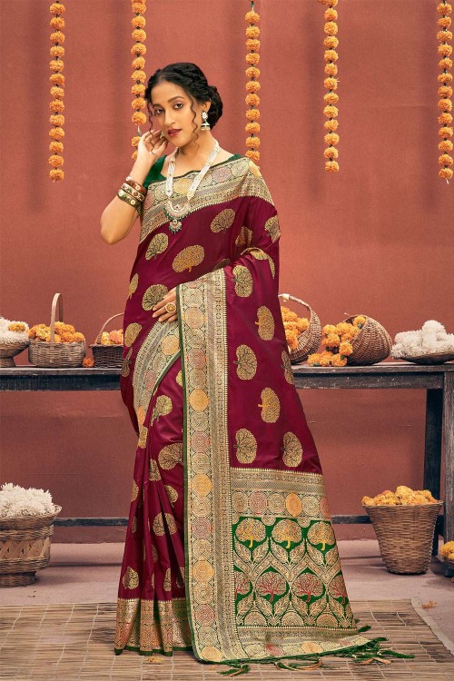 Buy HOUSE OF BEGUM Maroon Maroon Banarasi Handloom Satin Silk Saree With  Embroidery Work with Blouse Piece | Shoppers Stop